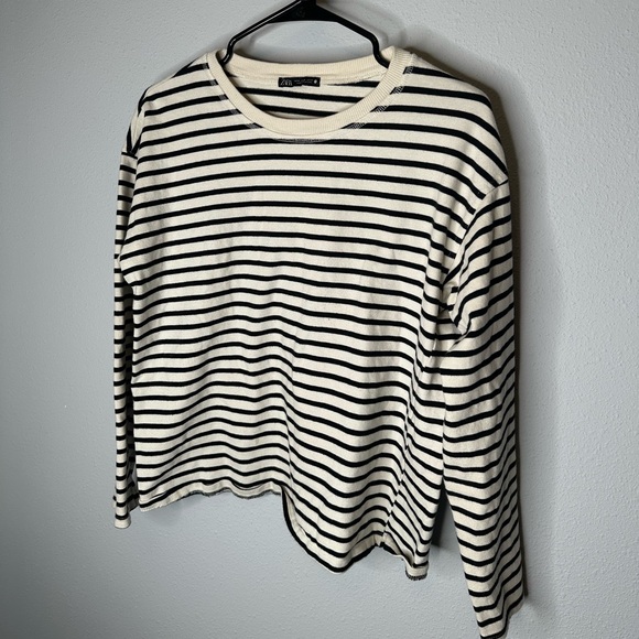 Zara striped Crewneck top women’s size M cotton cream and black - Picture 2 of 6